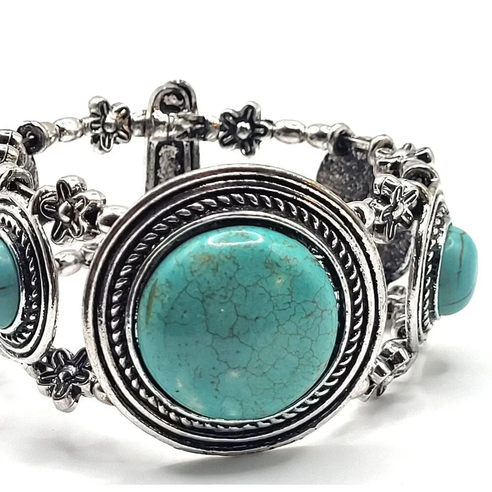 Vintage Southwestern Bohemian Turquoise Acrylic Silver Chunky Bangle Bracelet 8